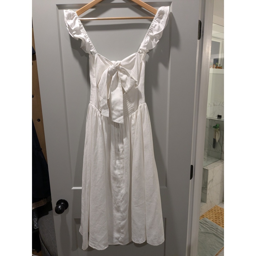 Reformation White Linen‎ Blend Ruffle Strap Bow Front Midi Dress Size 4 - Picture 5 of 12